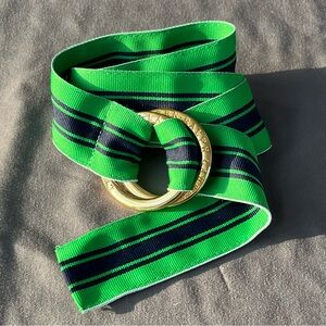 LRL Ralph Lauren KELLY NAVY Stripe Grosgrain Ribbon M Belt Logo Double Buckle